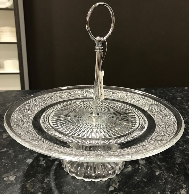 ROUND GLASS CAKE PLATE STAND WITH METAL HANDLE The Famous Arthur Daley's